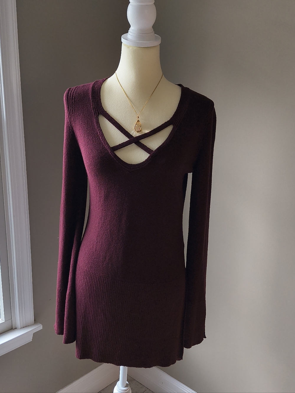 Free People, Crisscross V-Neck Sweater Tunic - Deep Wine, sz S -see measurements